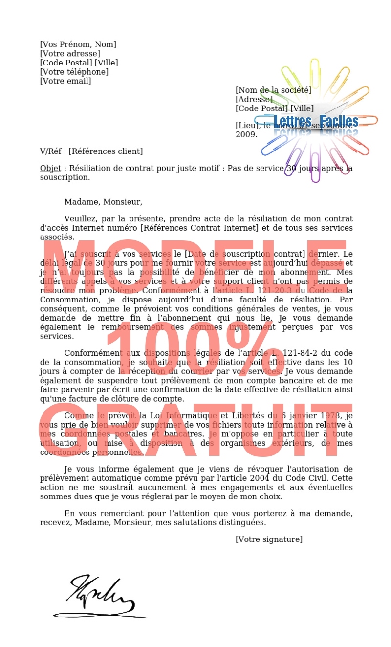 Résiliation abonnement Internet  (service indisponible 30 jours après la souscription) - Modèle de lettre Gratuit !