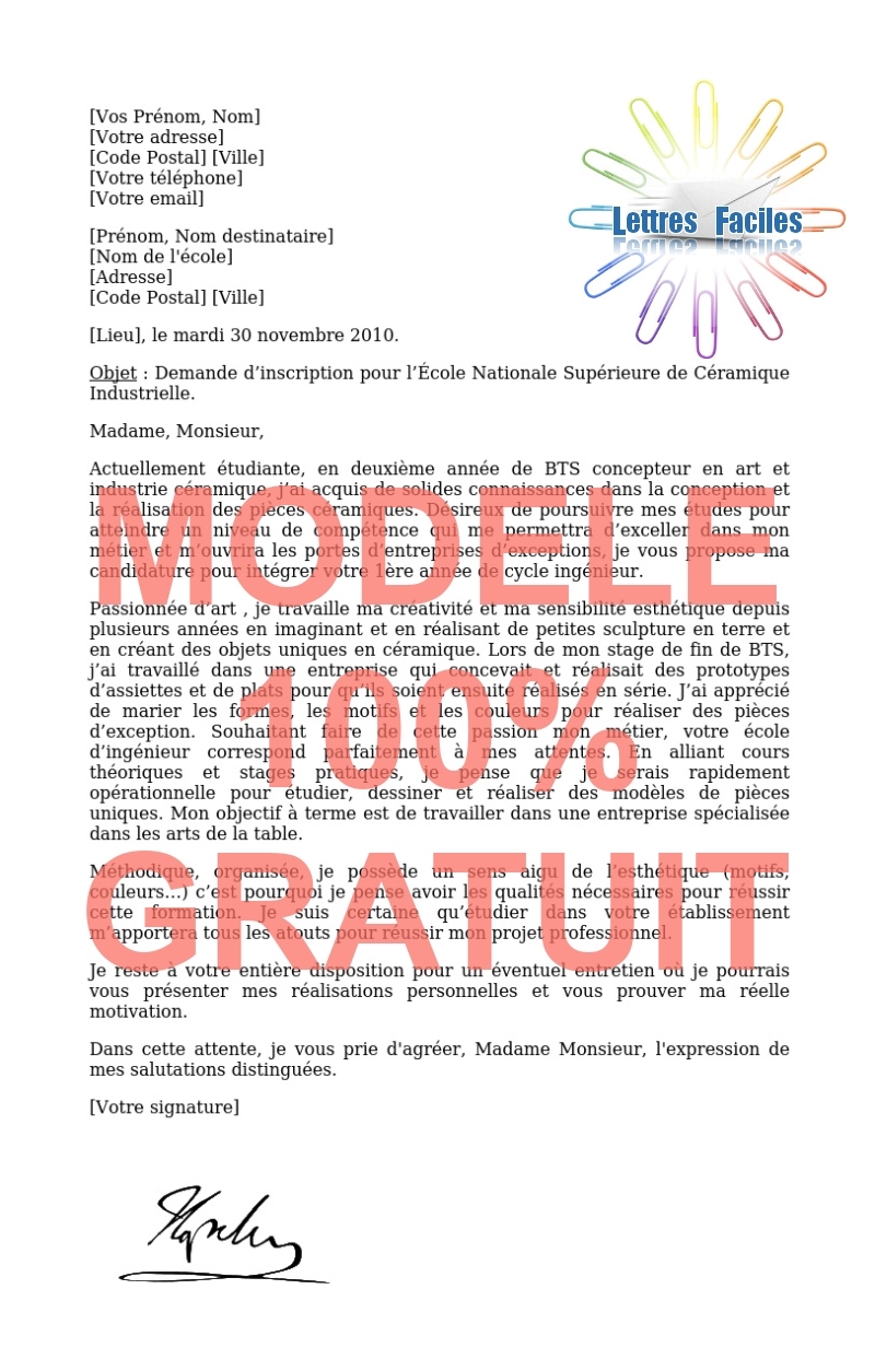 Lettre de motivation Ingénieur ENSCI  (École Nationale Supérieure de Céramique Industrielle) - Modèle de lettre Gratuit !