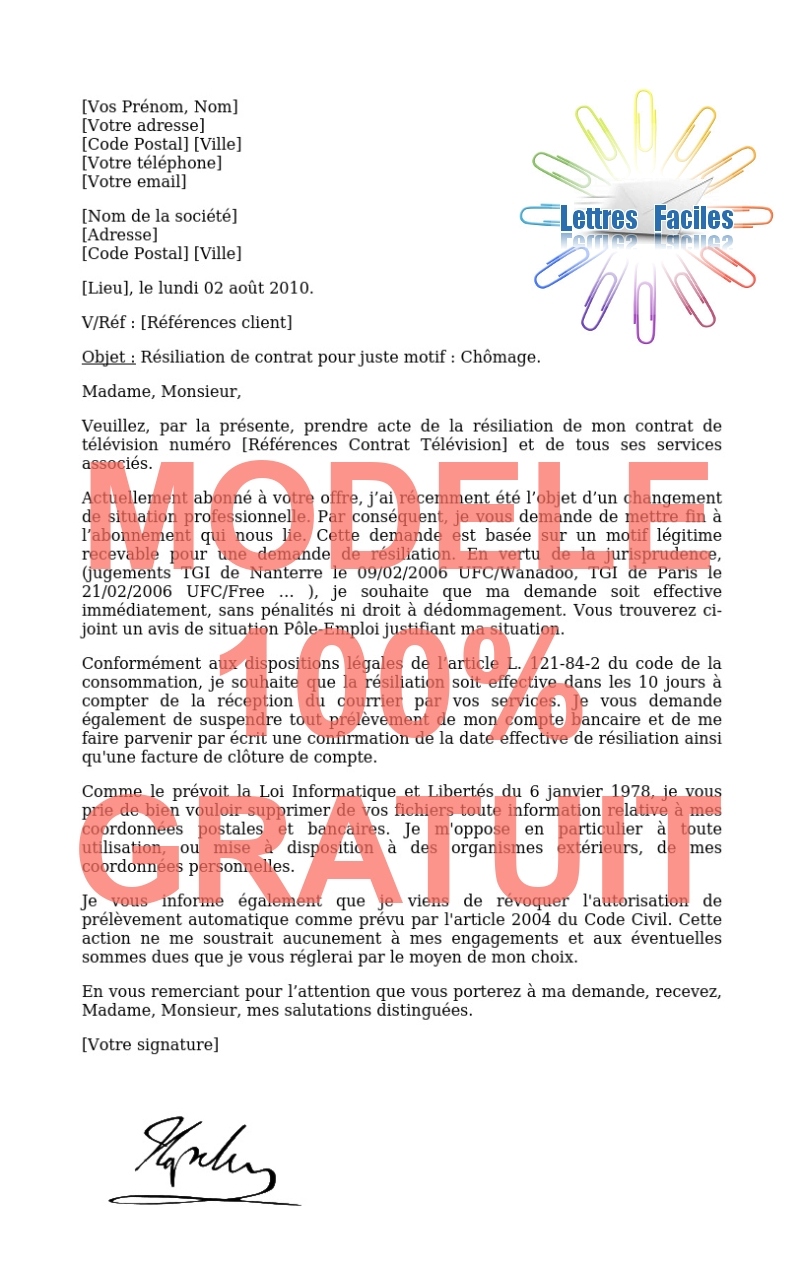 Résiliation abonnement Télévision  (chômage) - Modèle de lettre Gratuit !