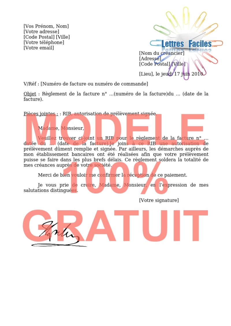 Exemple de lettre pour paiement  (par virement bancaire) - Modèle de lettre Gratuit !