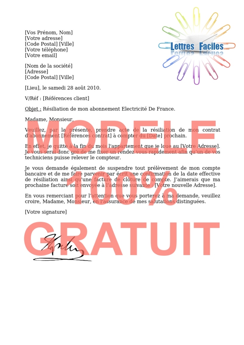 Résiliation abonnement Electricité  (Déménagement) - Modèle de lettre Gratuit !