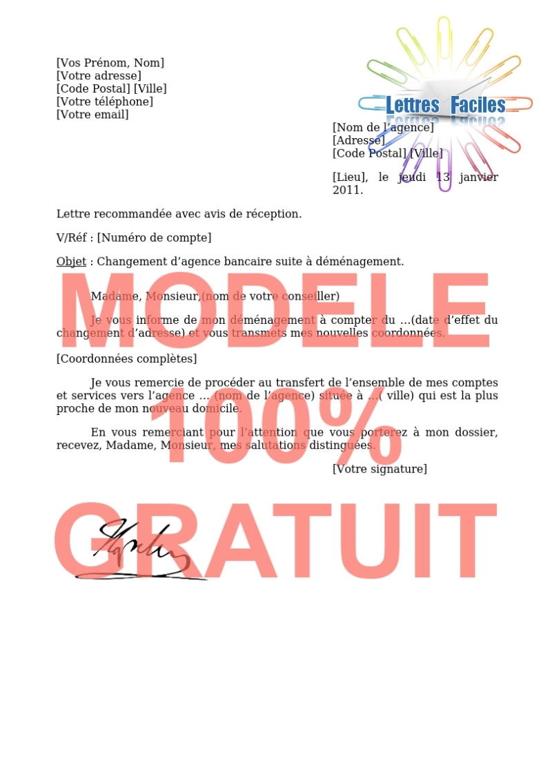 Lettre de changement d’agence bancaire  (déménagement) - Modèle de lettre Gratuit !