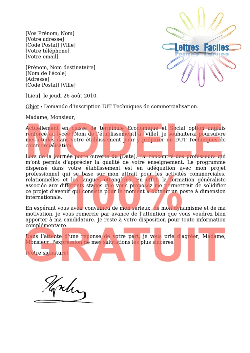 Lettre de motivation DUT Techniques de commercialisation - Modèle de lettre Gratuit !