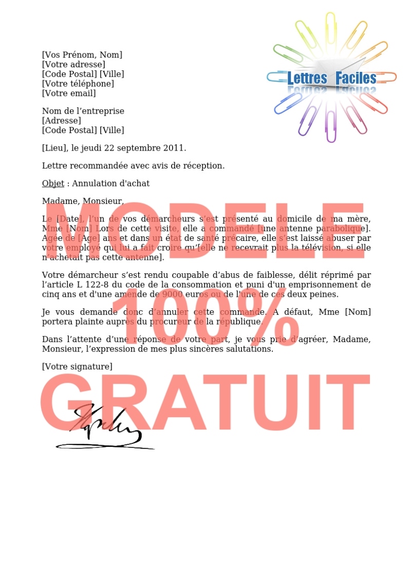 Annuler un achat  (Abus de faiblesse, personne âgée) - Modèle de lettre Gratuit !