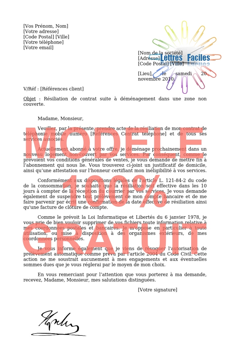 Résiliation abonnement Téléphone portable  (déménagement dans une zone non couverte) - Modèle de lettre Gratuit !