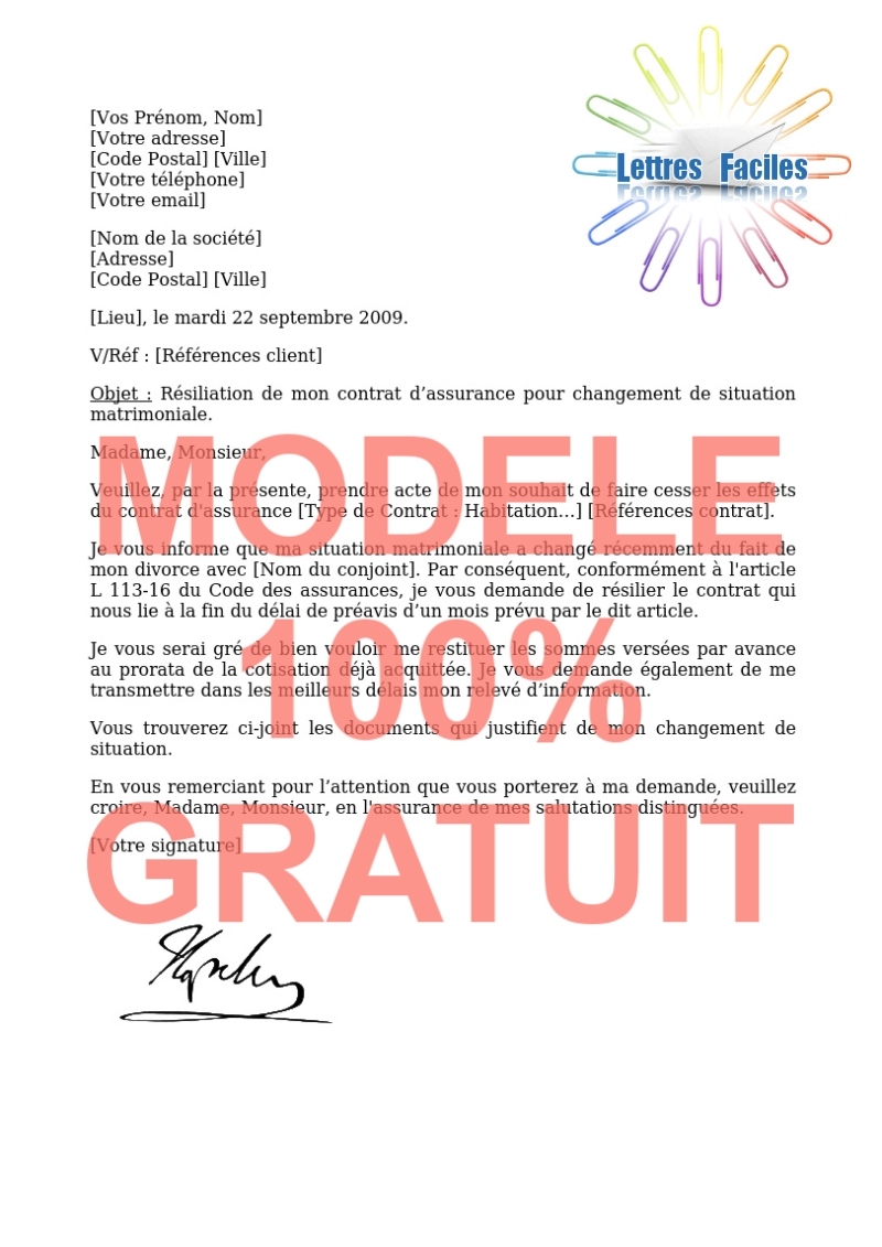 Résiliation contrat Assurance  (changement de situation matrimoniale: divorce) - Modèle de lettre Gratuit !