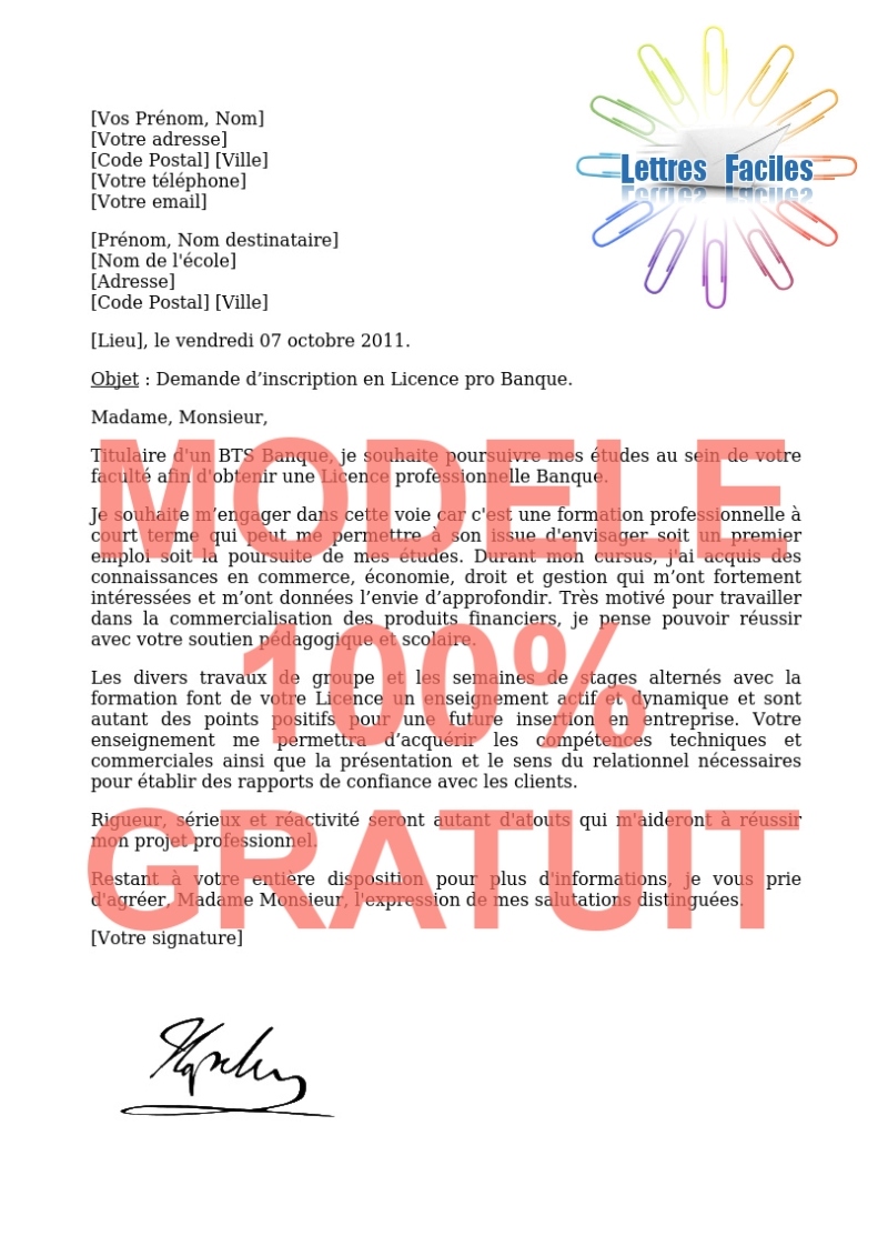 Lettre de motivation Licence Banque - Modèle de lettre Gratuit !