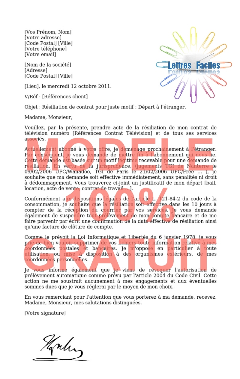 Résiliation abonnement Télévision  (déménagement à l'étranger) - Modèle de lettre Gratuit !