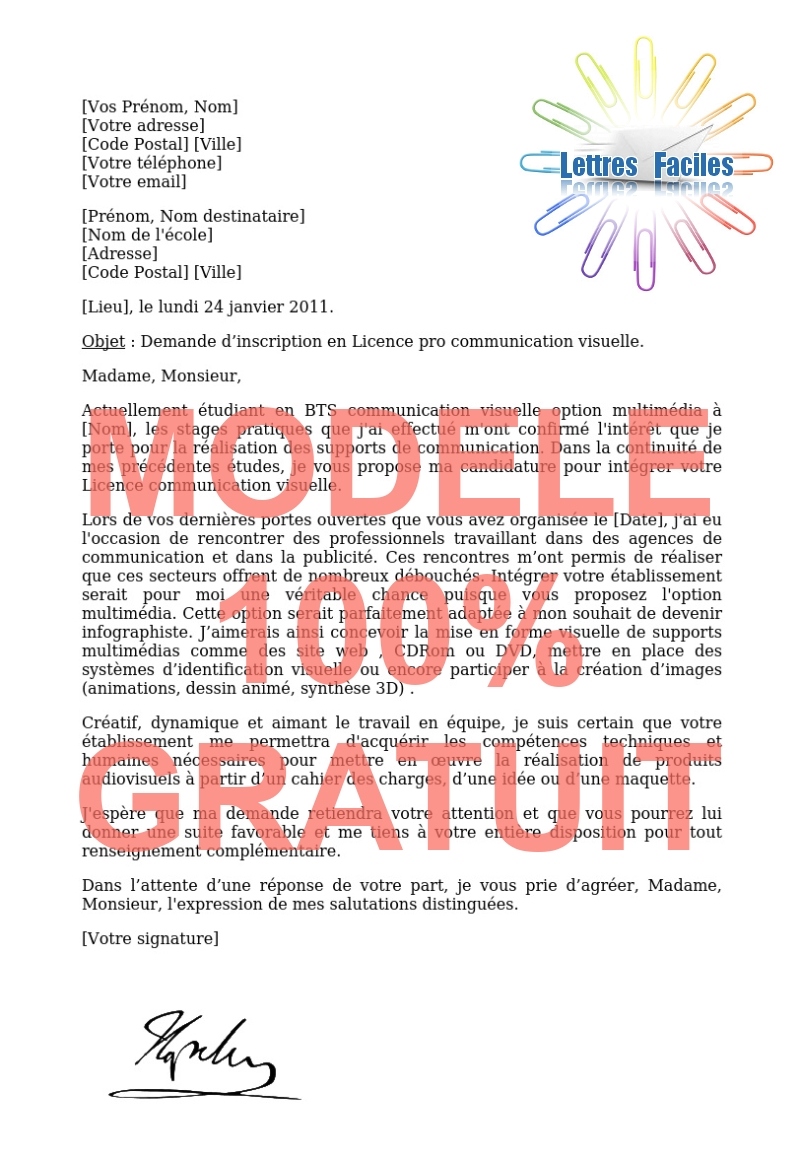 Lettre de motivation Licence pro communication visuelle - Modèle de lettre Gratuit !
