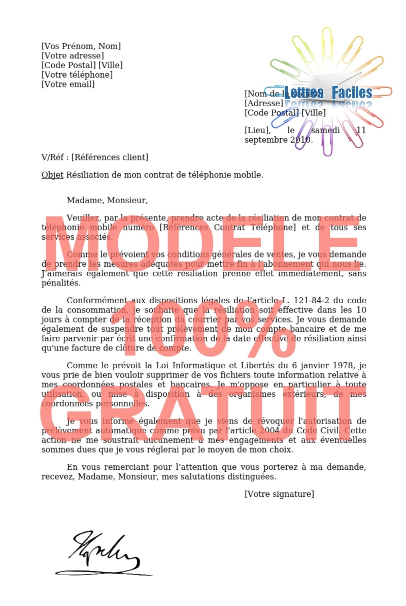 Résiliation abonnement Téléphone portable  (sans motif précis) - Modèle de lettre Gratuit !