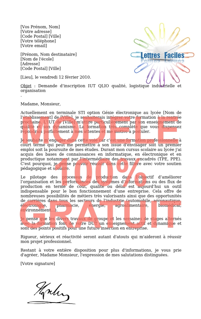 Lettre de motivation DUT QLIO  (Qualité, logistique industrielle et organisation) - Modèle de lettre Gratuit !