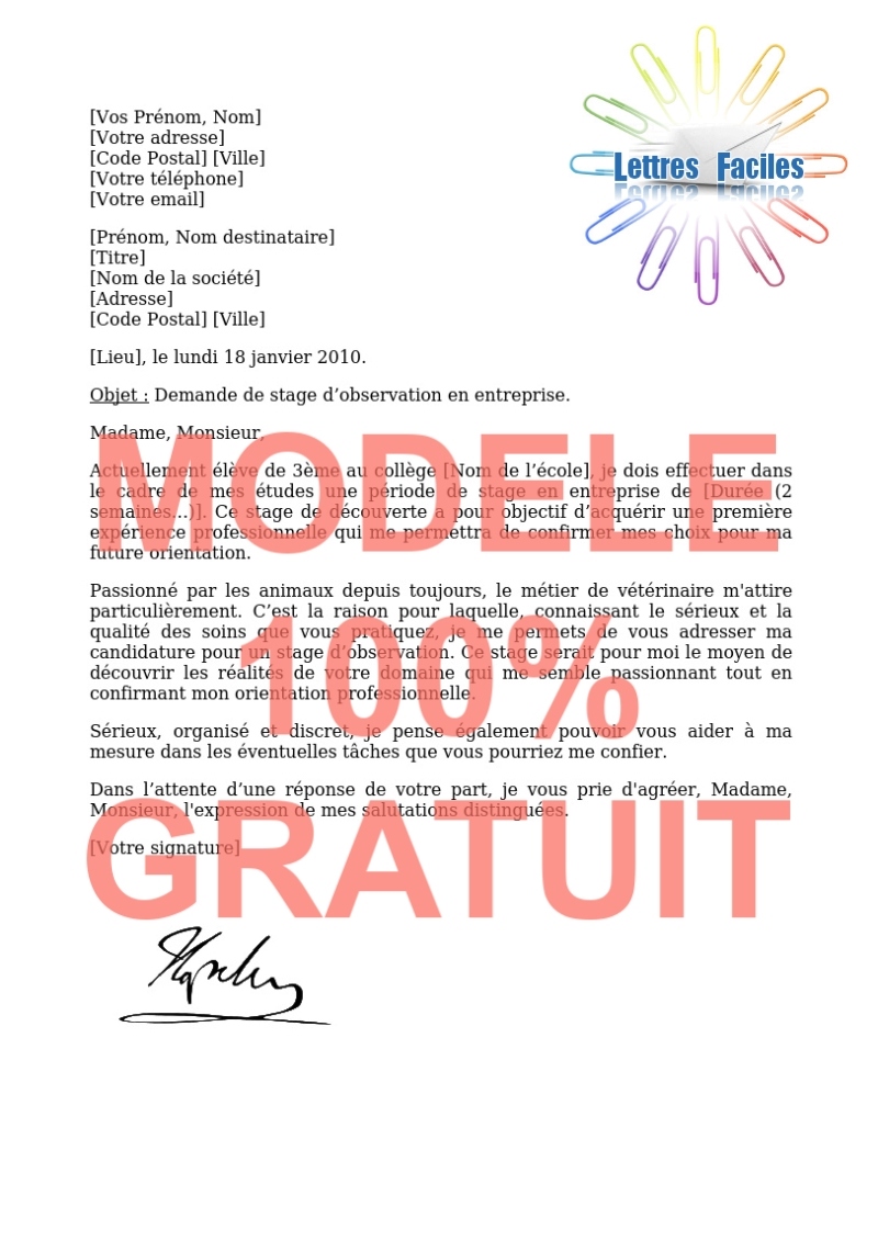 Lettre de motivation stage de 3ème  (collège, stage de découverte) - Modèle de lettre Gratuit !