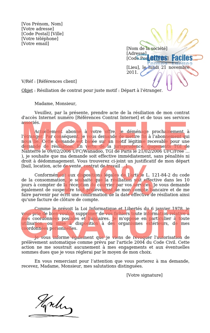 Résiliation abonnement Internet  (déménagement à l'étranger) - Modèle de lettre Gratuit !