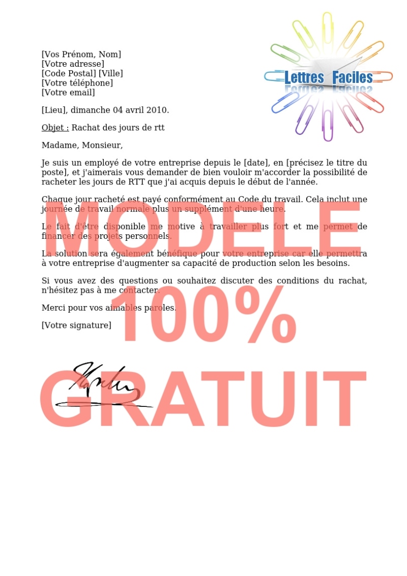 Salariés, Demander le rachat des jours de RTT - Modèle de lettre Gratuit !