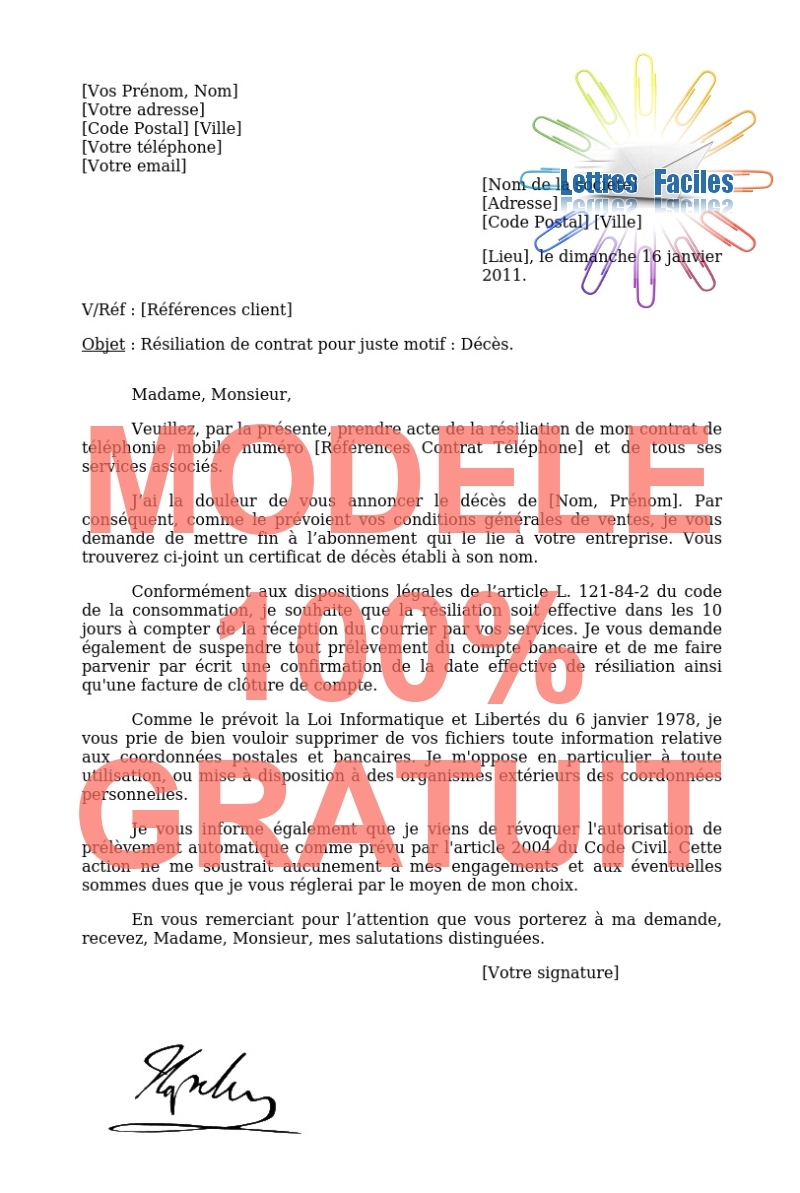 Résiliation abonnement Téléphone portable  (décès) - Modèle de lettre Gratuit !