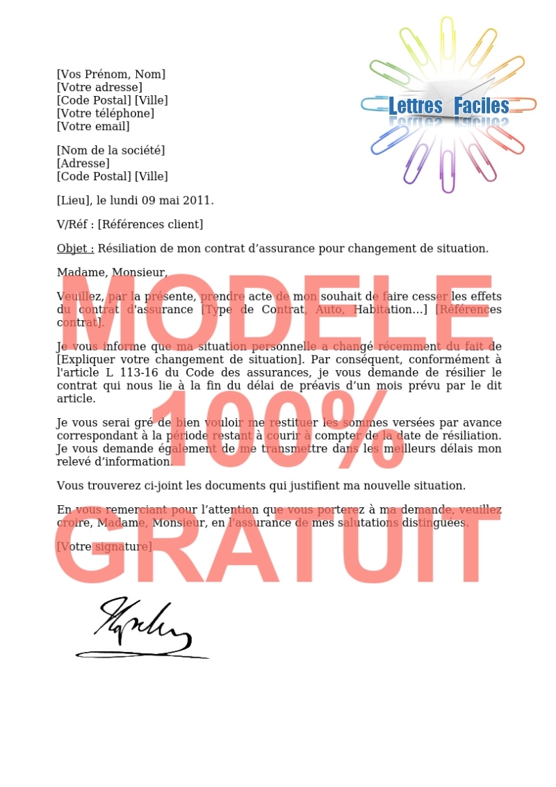 Résiliation contrat Assurance  (changement situation personnelle) - Modèle de lettre Gratuit !