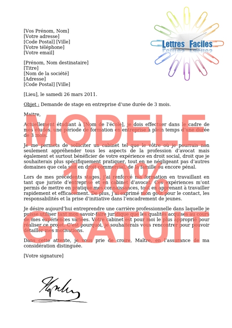 Lettre de motivation stage avocat - Modèle de lettre Gratuit !