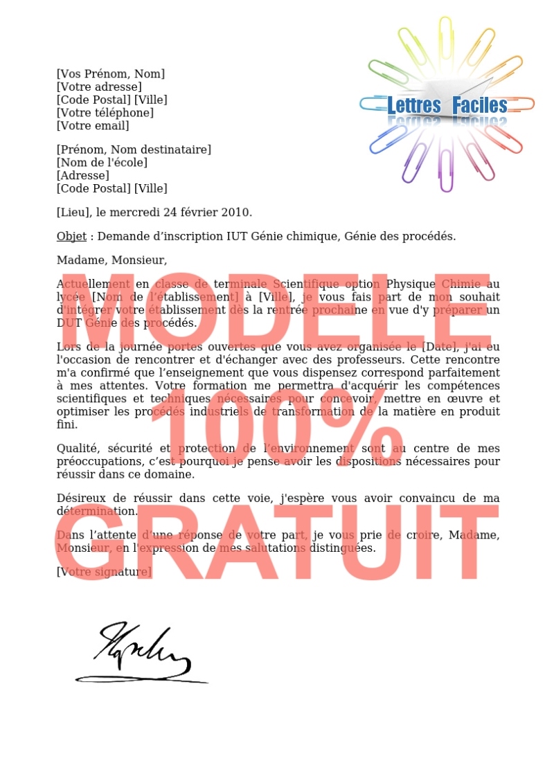 Lettre de motivation DUT Génie chimique, Génie des procédés - Modèle de lettre Gratuit !