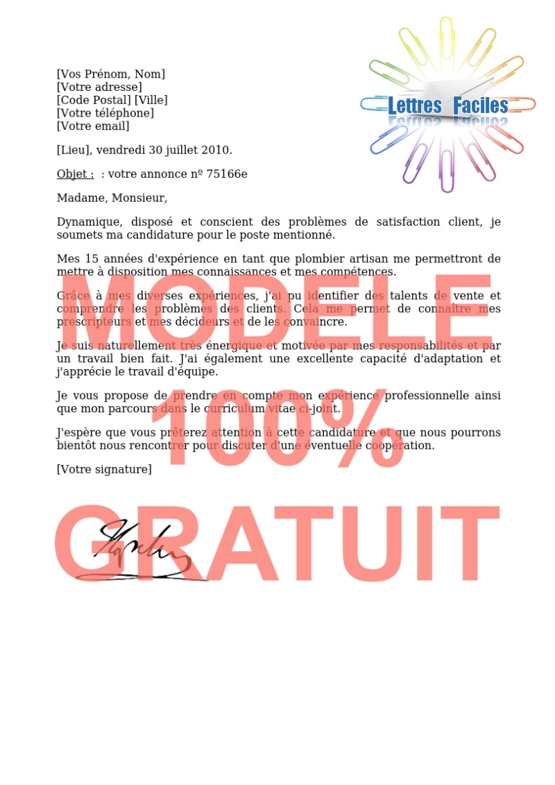 Modèle de Lettre de motivation Plombier - Modèle de lettre Gratuit !