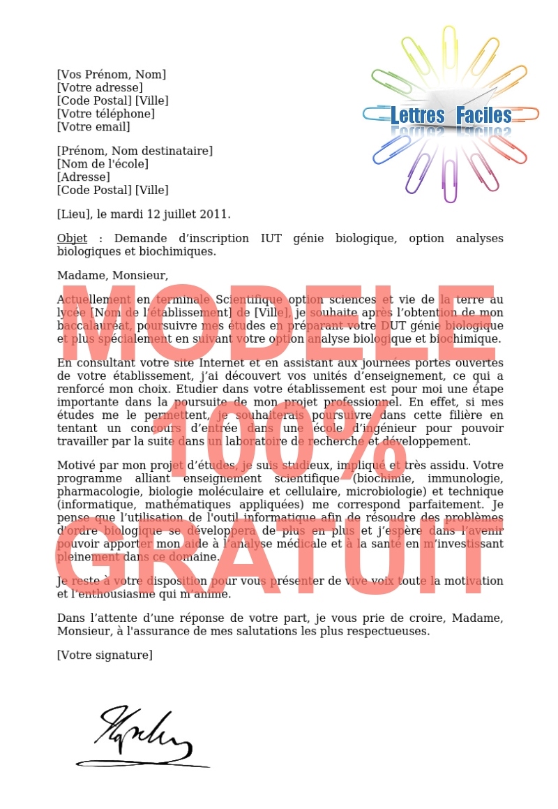 Lettre de motivation DUT ABB  (génie biologique, option analyses biologiques et biochimiques) - Modèle de lettre Gratuit !