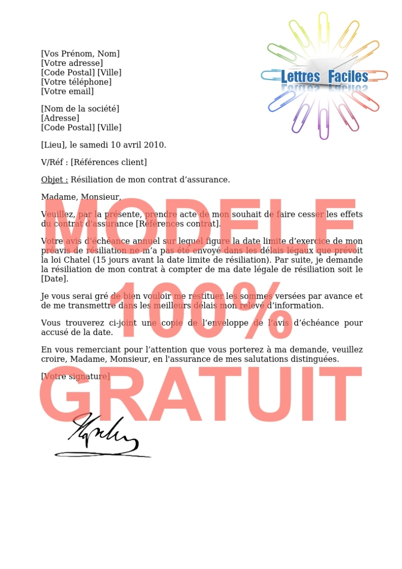 Résiliation contrat Assurance  (Avis d’échéance en retard) - Modèle de lettre Gratuit !