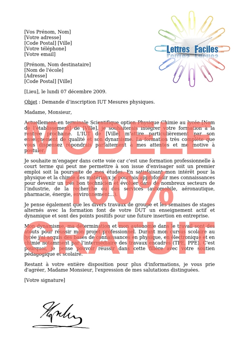 Lettre de motivation DUT Mesures physiques - Modèle de lettre Gratuit !