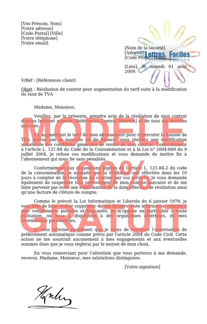 Résiliation abonnement Internet  (modification du tarif suite à la hausse de TVA) - Modèle de lettre Gratuit !