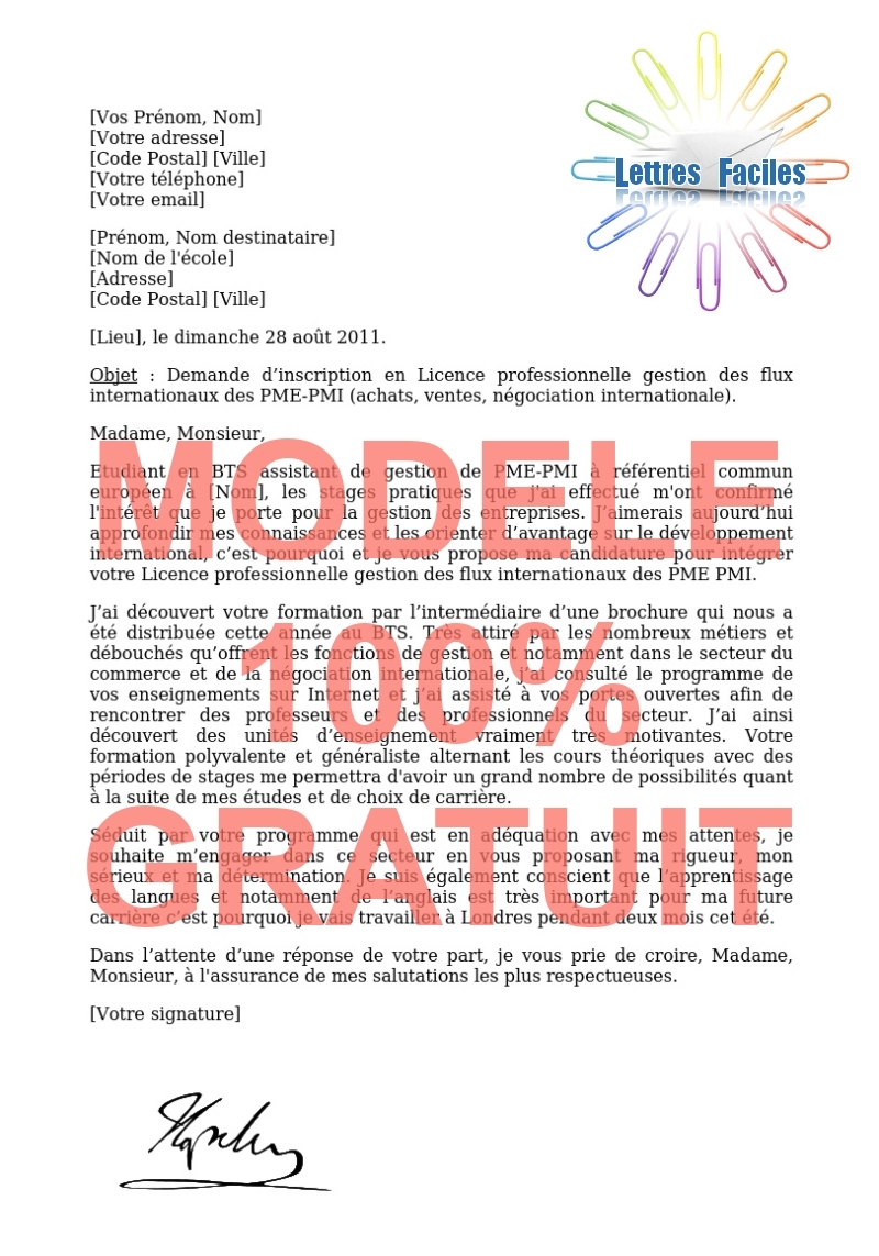 Lettre de motivation Licence pro gestion des flux internationaux des PME-PMI  (achats, ventes, négociation internationale) - Modèle de lettre Gratuit !