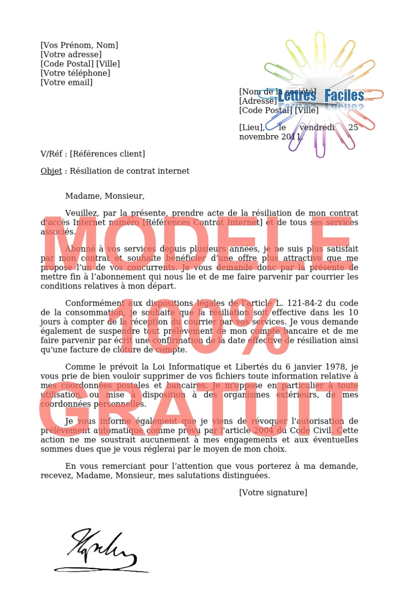 Résiliation abonnement Internet  (choix d'une offre concurrente) - Modèle de lettre Gratuit !