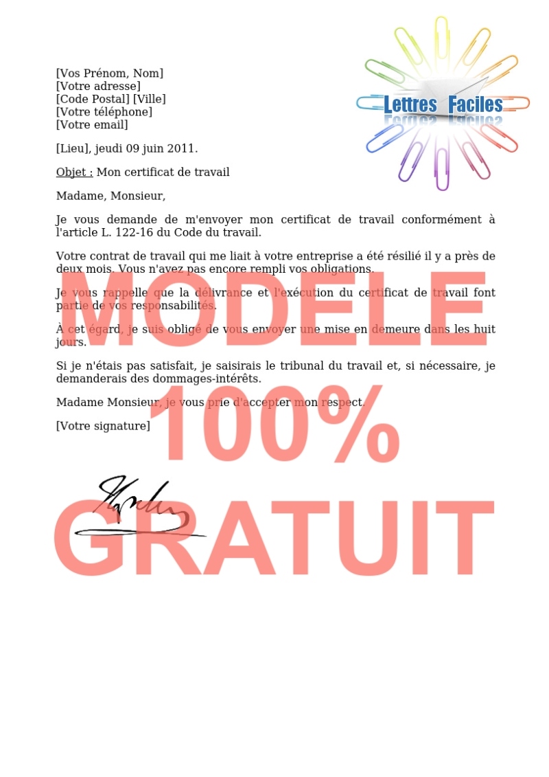 Salariés, Demandez la délivrance de votre certificat de travail - Modèle de lettre Gratuit !