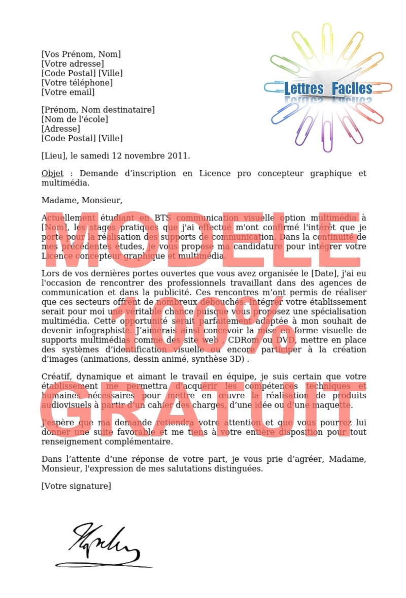 Lettre de motivation Licence pro concepteur graphique et multimédia - Modèle de lettre Gratuit !