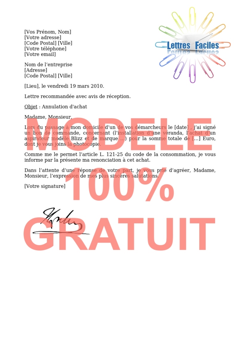 Annulation d'achat  (démarchage à domicile) - Modèle de lettre Gratuit !