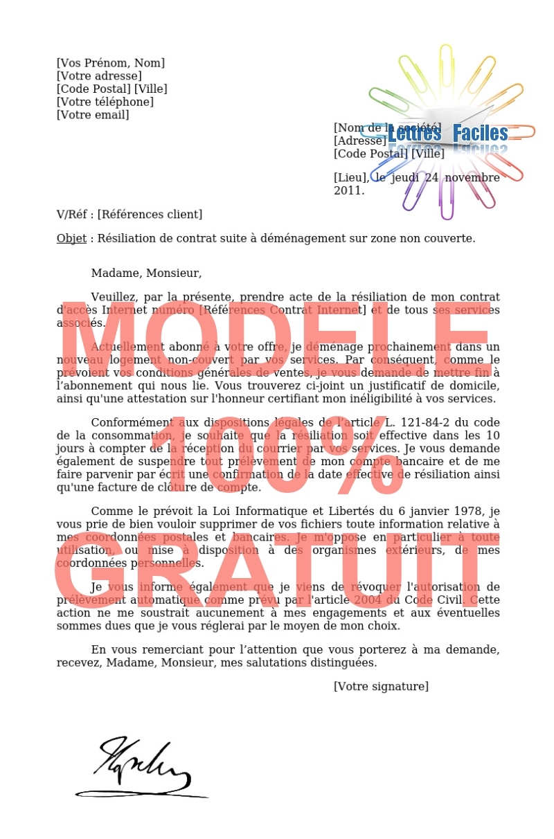 Résiliation abonnement Internet  (déménagement dans une zone non couverte) - Modèle de lettre Gratuit !