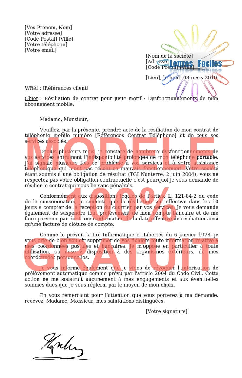 Résiliation abonnement Téléphone portable  (problèmes techniques, dysfonctionnement) - Modèle de lettre Gratuit !