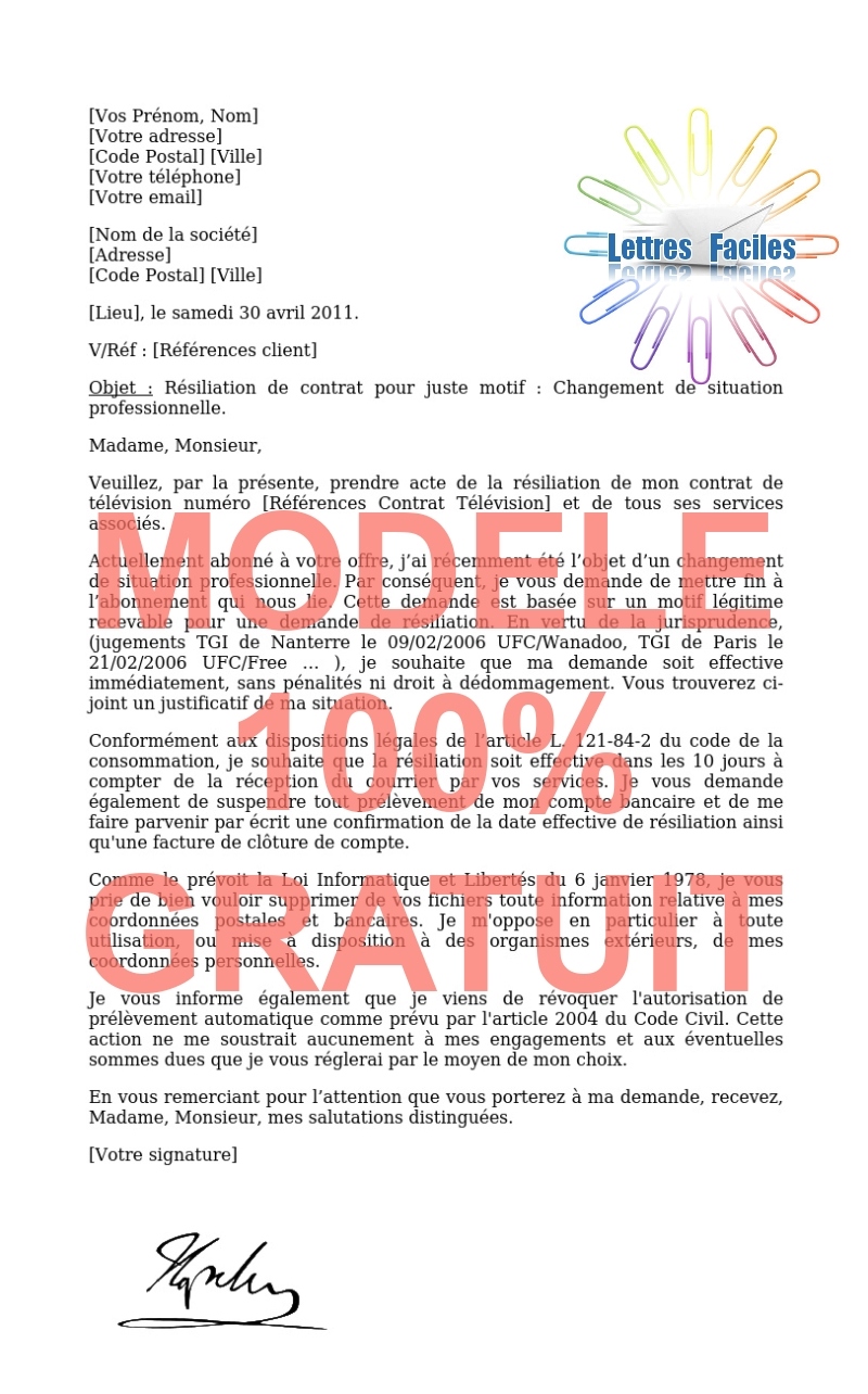 Résiliation abonnement Télévision  (changement situation professionnelle) - Modèle de lettre Gratuit !