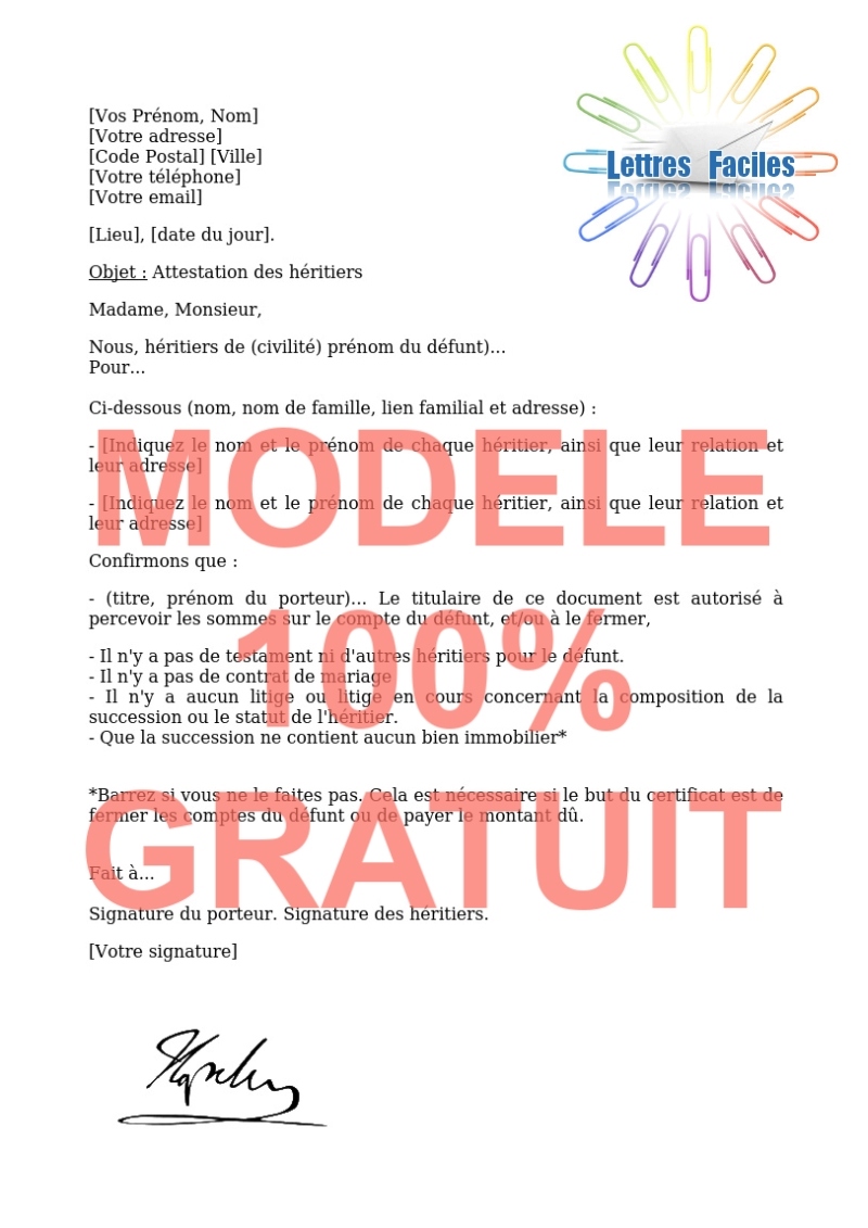 Décès, Modèle d'attestation des héritiers - Modèle de lettre Gratuit !