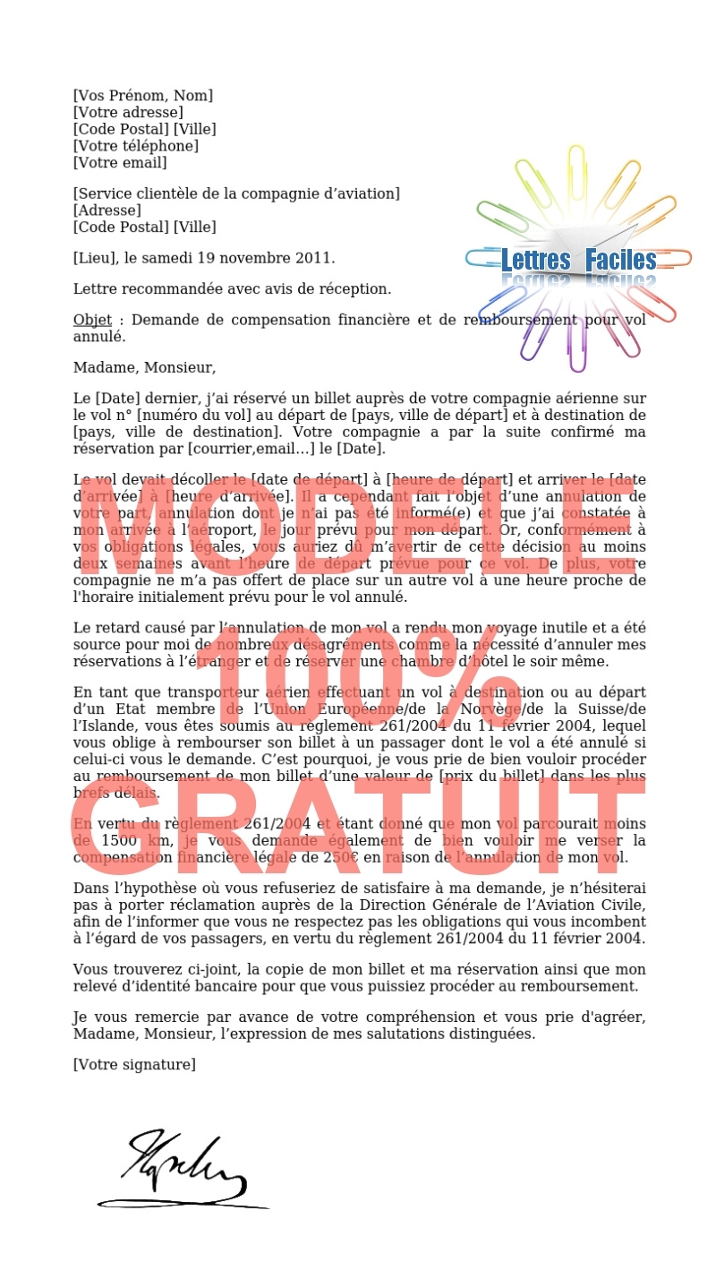 Annulation de vol : Lettre de demande de remboursement de billet d’avion - Modèle de lettre Gratuit !