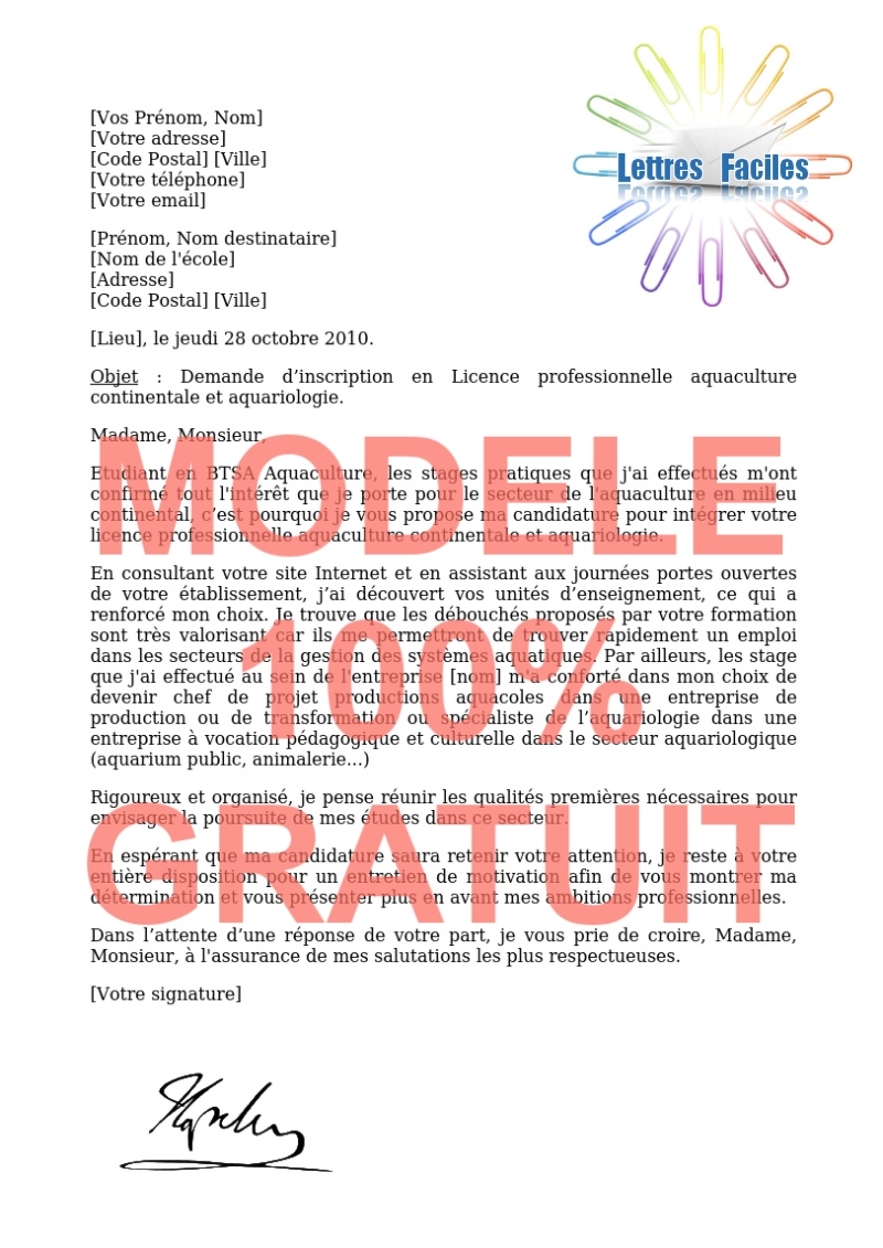 Lettre de motivation Licence pro aquaculture continentale et aquariologie  (productions animales) - Modèle de lettre Gratuit !