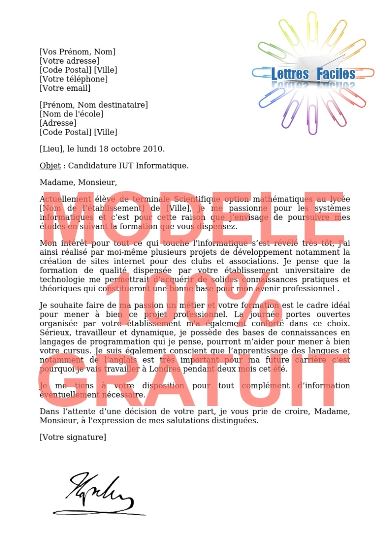 Lettre de motivation DUT Informatique - Modèle de lettre Gratuit !