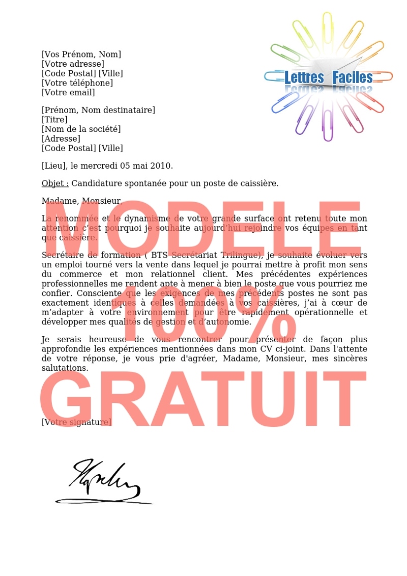 Lettre de motivation caissière, hôtesse de caisse  (candidature spontanée) - Modèle de lettre Gratuit !