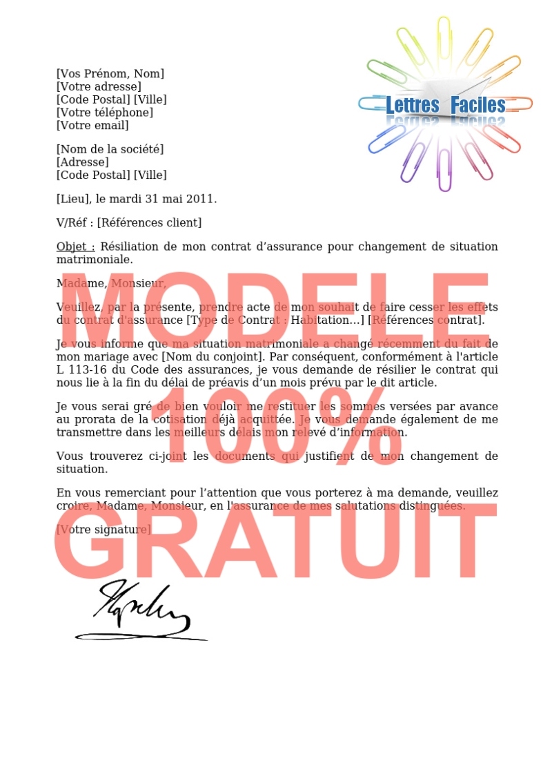 Résiliation contrat Assurance  (changement de situation matrimoniale: mariage) - Modèle de lettre Gratuit !