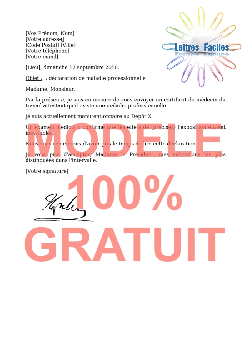 Salariés, Déclaration de maladie professionnelle à votre employeur - Modèle de lettre Gratuit !