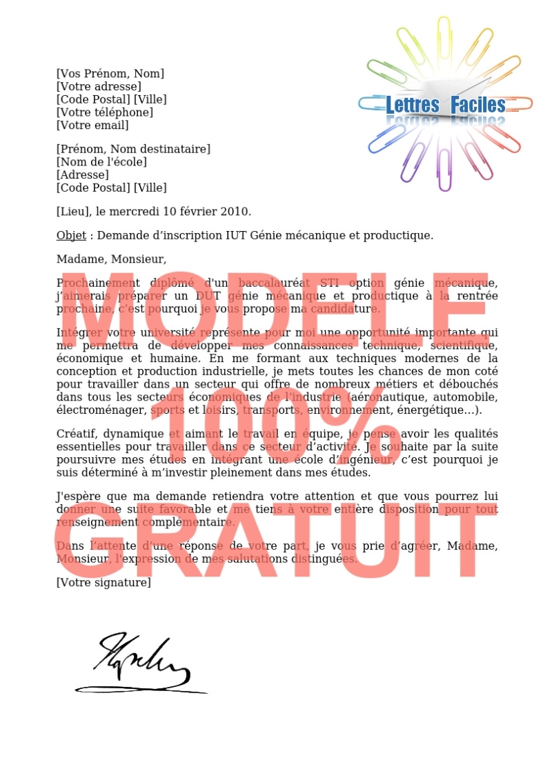 Lettre de motivation DUT Génie mécanique et productique - Modèle de lettre Gratuit !