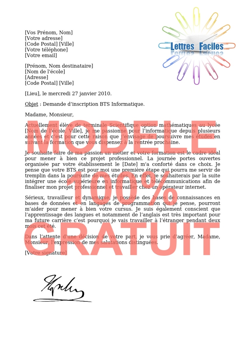 Lettre de motivation BTS Informatique, Réseaux, Télécoms - Modèle de lettre Gratuit !