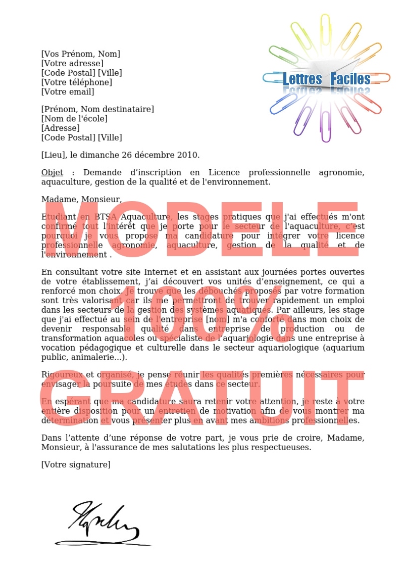 Lettre de motivation Licence pro agronomie, aquaculture, gestion de la qualité et de l'environnement - Modèle de lettre Gratuit !