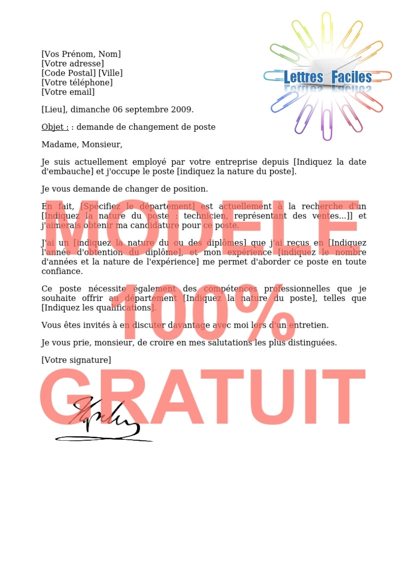 Salariés, Demande de changement de poste pour un salarié - Modèle de lettre Gratuit !