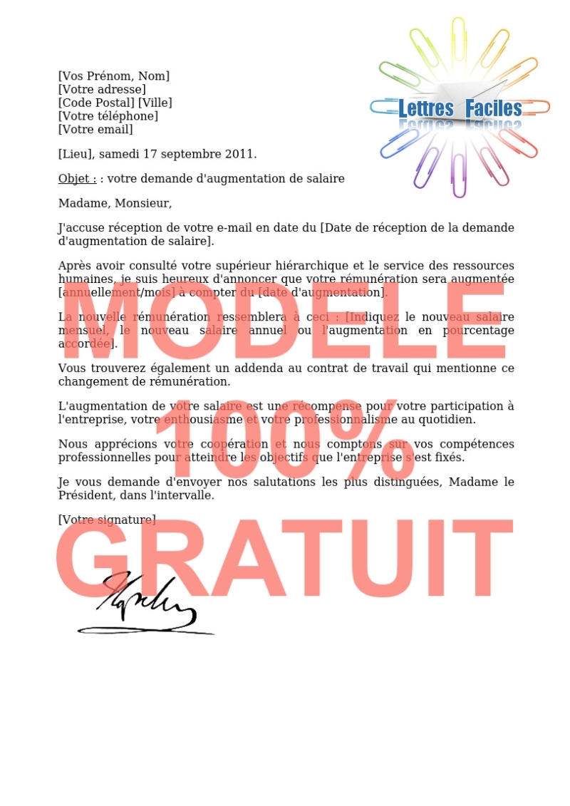 Salariés, Accepter une demande d'augmentation de salaire - Modèle de lettre Gratuit !