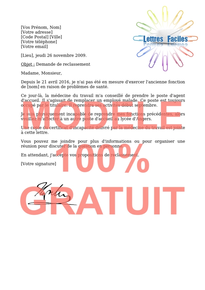 Salariés, Modèle de lettre de demande de reclassement | Fonctionnaire - Modèle de lettre Gratuit !