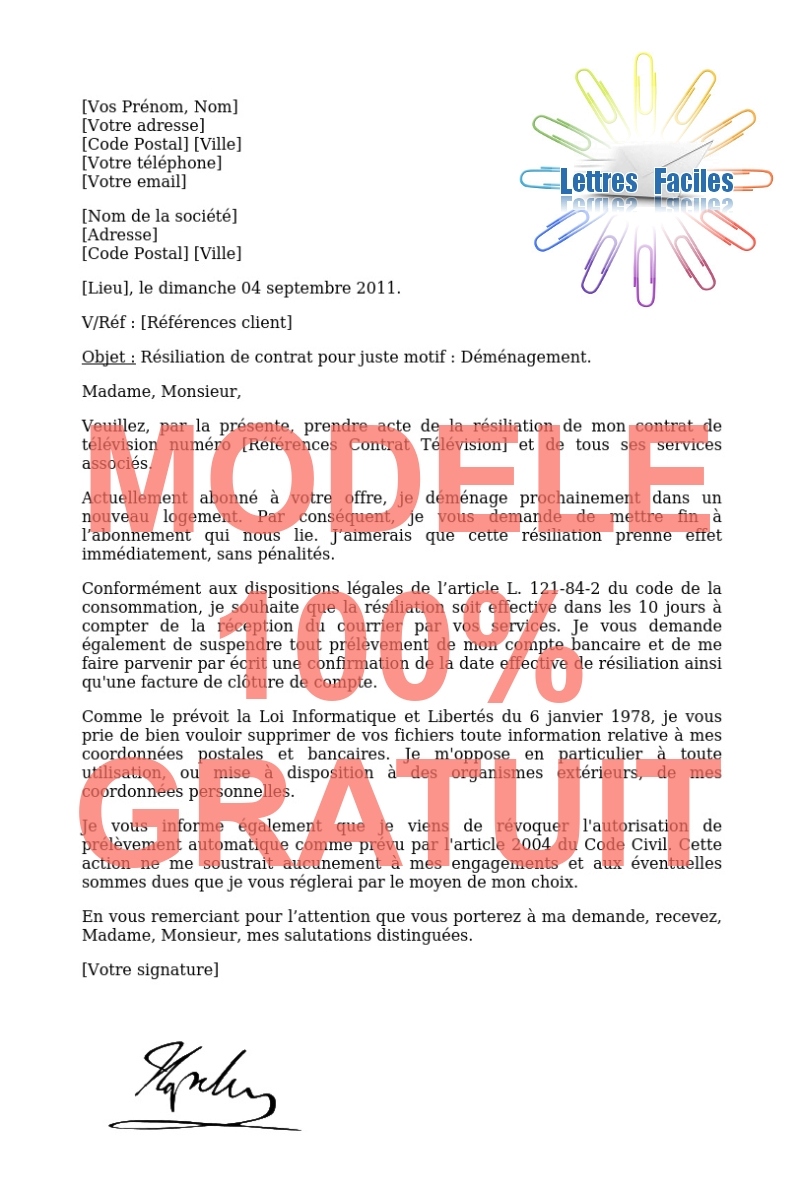 Résiliation abonnement Télévision  (déménagement) - Modèle de lettre Gratuit !