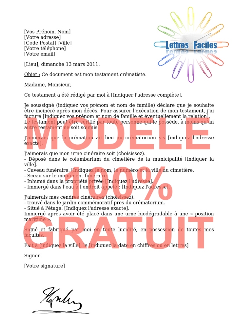 Décès, Modèle de Testament Crématiste (olographe) - Modèle de lettre Gratuit !